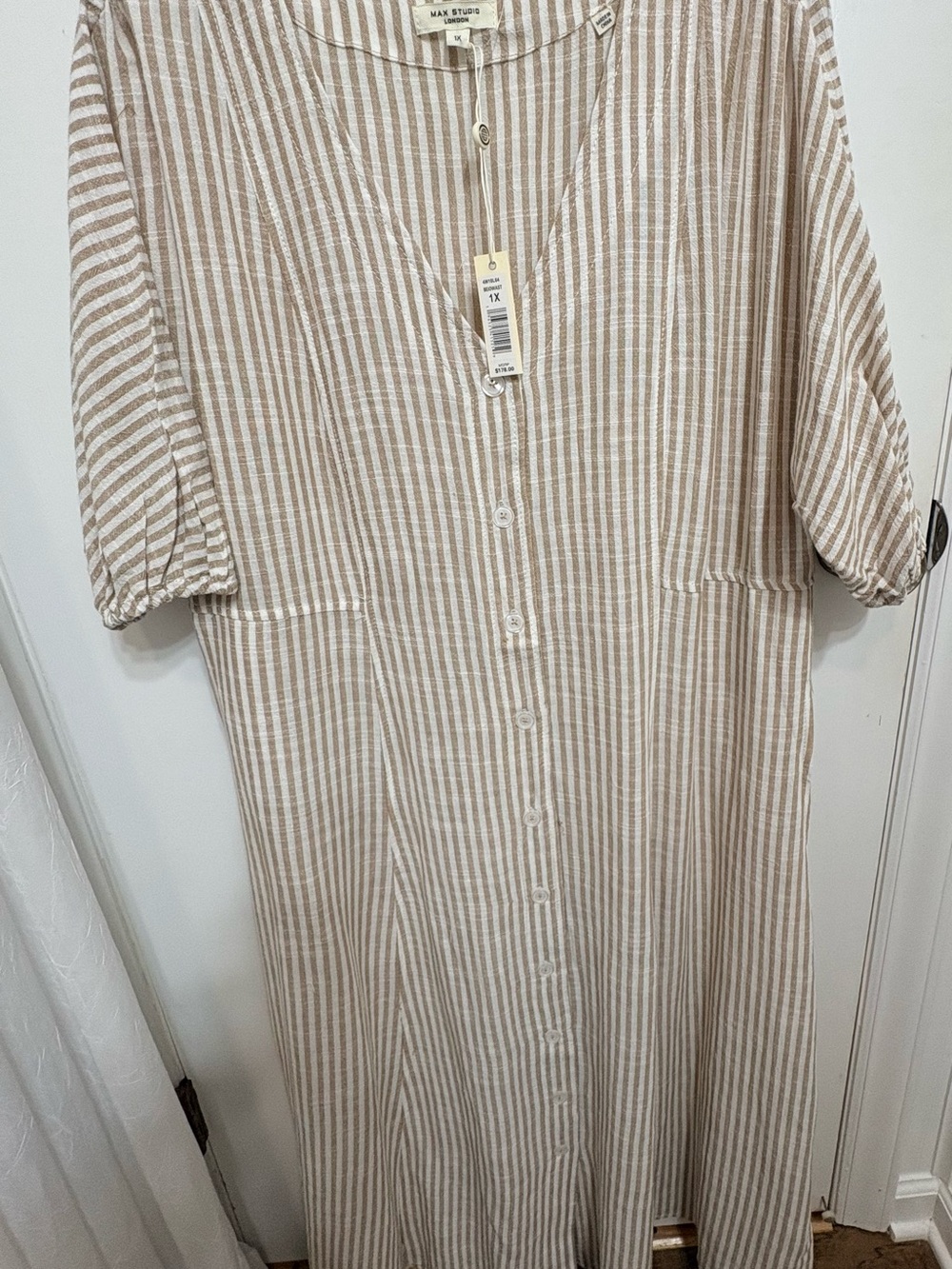 Oversized Lagenlook Granola Coastal Beige & White Vertical Stripe maxi dress NWT